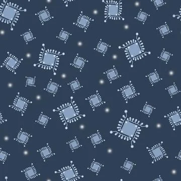 Seamless blue background with cyan patterns of rectangles, spirals, glowing dots Stock Illustration