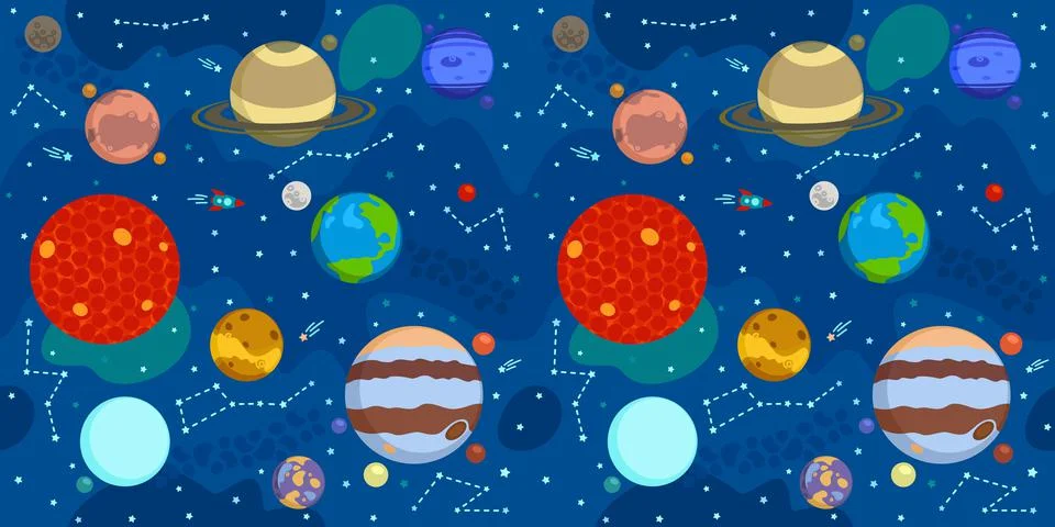 Seamless Blue Background Of Solar System With Cartoon Planets Sun Mars Mercury Illustrazione stock