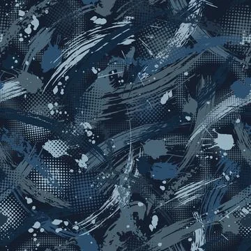 Seamless blue camouflage pattern with grunge paint brush strokes Stock Illustration