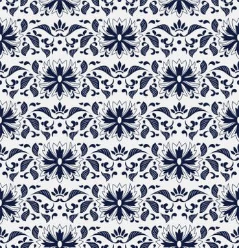 Seamless Blue Chinese Background botanic garden nature leaf flower chintz イラスト素材