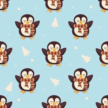 Seamless blue christmas pattern with cute penguin wearing a scarf Stock Illustration