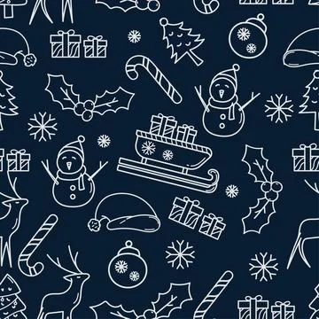 Seamless Blue Christmas Pattern with Hand-Drawn Doodle Elements - Vector Il.. Stock Illustration