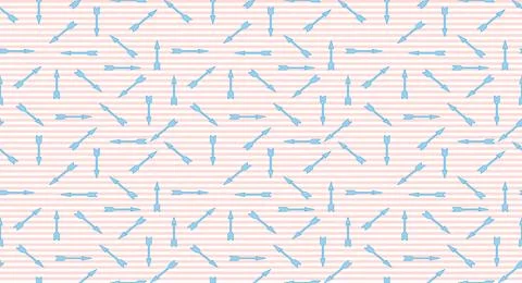 Seamless blue Cupid arrow pattern on pink striped background. Romantic texture Stock Illustration