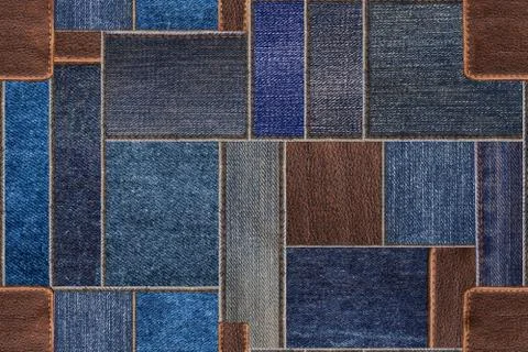 Seamless blue denim jeans patchwork with leather texture Stock Photos
