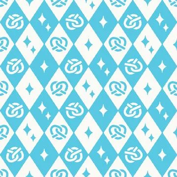 Seamless Blue Diamond Pattern With Knot Pretzel Motifs and Star Shapes Stock Illustration