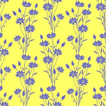 Seamless blue graphic floral pattern on yellow background, texture Stock Illustration