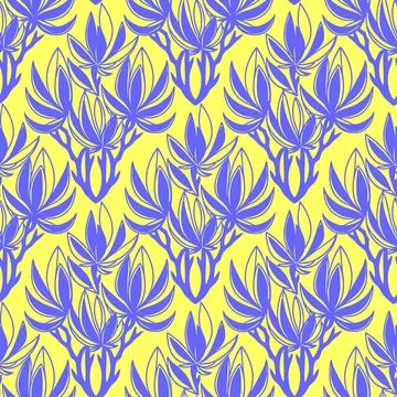 Seamless blue graphic floral pattern on yellow background, texture Stock Illustration
