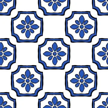 Seamless blue Mediterranean tile pattern with floral design Stock Illustration