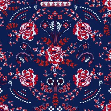 Seamless blue ornamental pattern with stylized red flowers. Floral ornament. Stock Illustration
