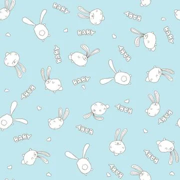 Seamless blue pattern with cute rabbits Stock Illustration