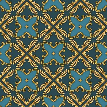 Seamless blue pattern with decorative golden scrolls. Abstract background Stock Illustration