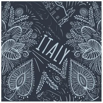 Seamless blue pattern doodle word Italy and flowers with leaves and italian h Stock Illustration