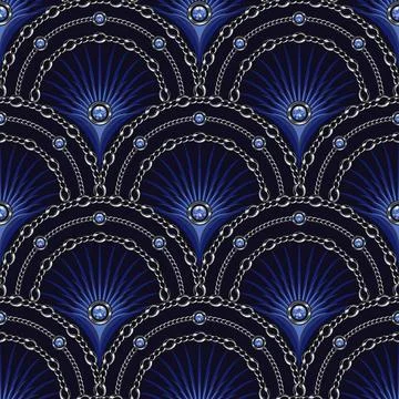 Seamless blue pattern with fan shaped grid, silver chains, sapphire gemstones 스톡 일러스트