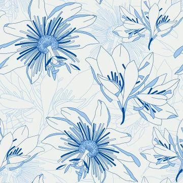 Seamless blue pattern with flowers lily Stock Illustration