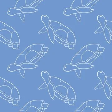 Seamless blue pattern with line art style swimming sea turtle. Marine themed Illustrazione stock