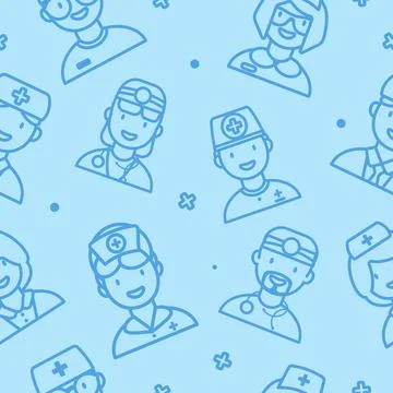 Seamless blue Pattern with Line Icons of Nurses and Doctors. Stock Illustration