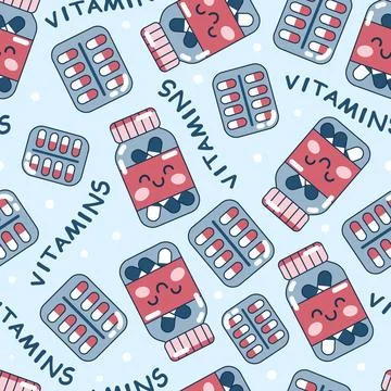 Seamless blue pattern medicine fun capsules vitamins Stock Illustration