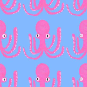 Seamless blue pattern with pink squid. Cute octopus painted with watercolors. Stock Illustration