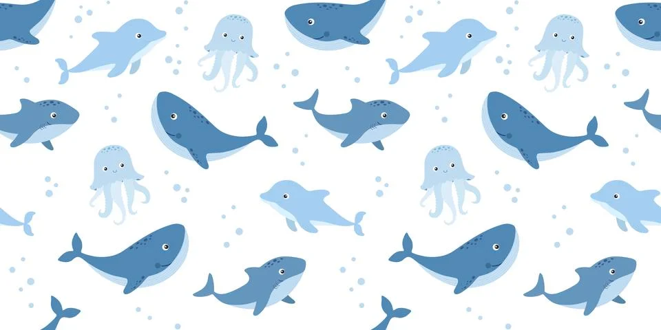 Seamless blue pattern with sea animals, underwater life, vector illustratio.. 스톡 일러스트