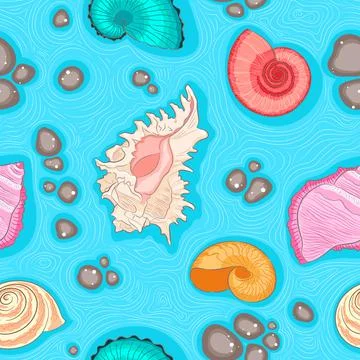 Seamless blue pattern with shells Illustrazione stock
