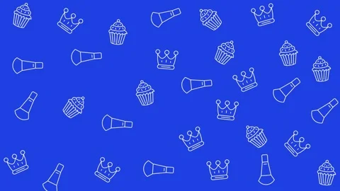 Seamless blue pattern with white line art crowns cupcakes and makeup brushes Stock Footage 344875457