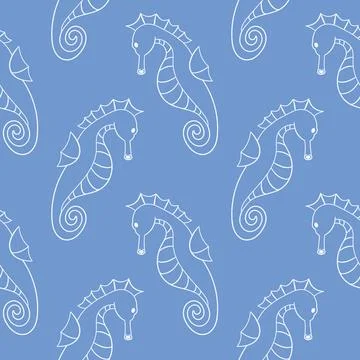 Seamless blue pattern with white line art style seahorse floating in a repeating Stock Illustration
