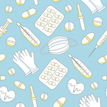 Seamless blue pattern with white patterns with yellow accents pills protective Illustrazione stock