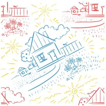 Seamless blue, red, yellow pattern Kids art -  house and yard with a dog hous Stock Illustration