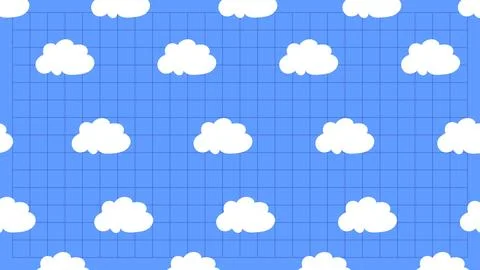 Seamless blue sky pattern with white clouds on a grid background, flat vector イラスト素材
