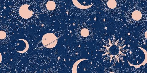 Seamless blue space pattern with sun, crescent and stars on a blue background Illustrazione stock