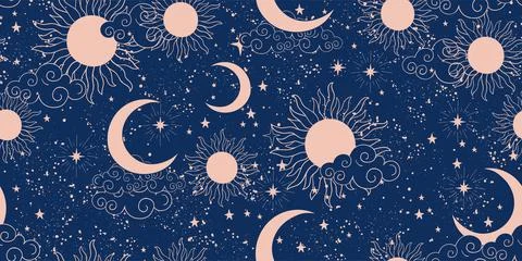 Seamless blue space pattern with sun, crescent and stars on a blue background Illustrazione stock