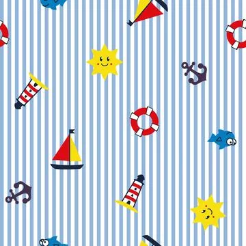 Seamless blue stripe pattern with Lighthouse, sailboat, sun, anchor, fish 스톡 일러스트