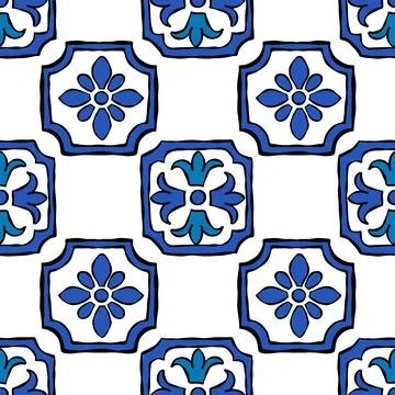 Seamless blue tile pattern with mixed Mediterranean designs Stock Illustration