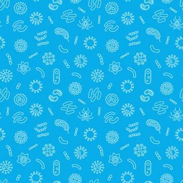 Seamless blue vector pattern with outline bacteria icons 库存插图