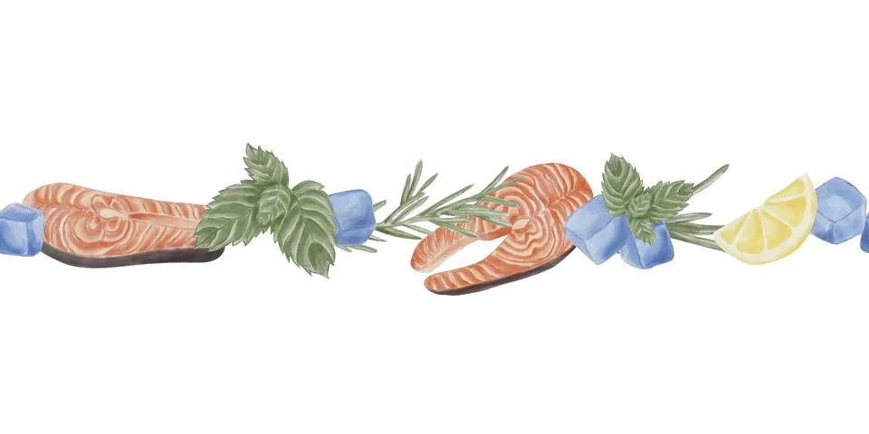 A seamless board featuring red fish fillets, shells, lemon, mint, rosemary, a Stock Illustration