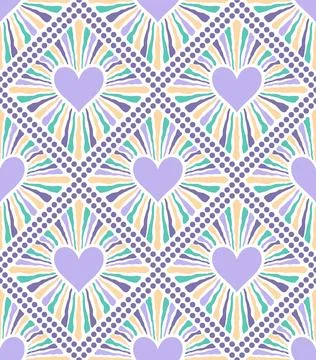 Seamless bohemian-style pattern with lilac hearts at the center of geometri.. Stock Illustration