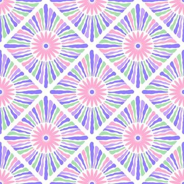 Seamless boho inspired pattern with vibrant floral sunburst designs arrange.. Stock Illustration