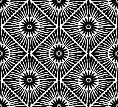 Seamless boho inspired pattern with vibrant floral sunburst designs arrange.. Stock Illustration