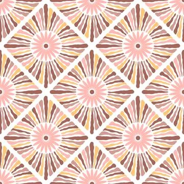 Seamless boho inspired pattern with vibrant floral sunburst designs arrange.. Stock Illustration