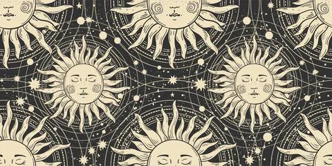 Seamless boho pattern, golden sun with a face and orbits on a black background Stock Illustration