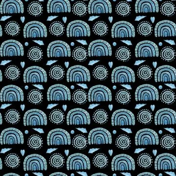 Seamless boho pattern rainbow, folk elements, kids design on a black background Stock Illustration
