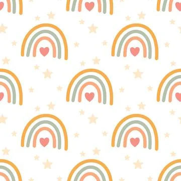 Seamless boho rainbow pattern with hearts and stars Stock Illustration