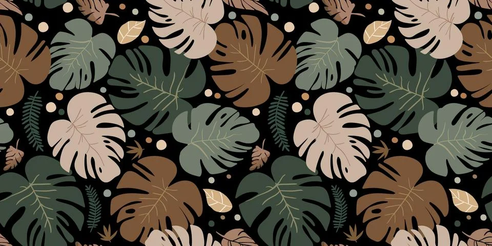 Seamless boho style monstera leaf pattern, natural earthy colors on a dark .. Stock Illustration