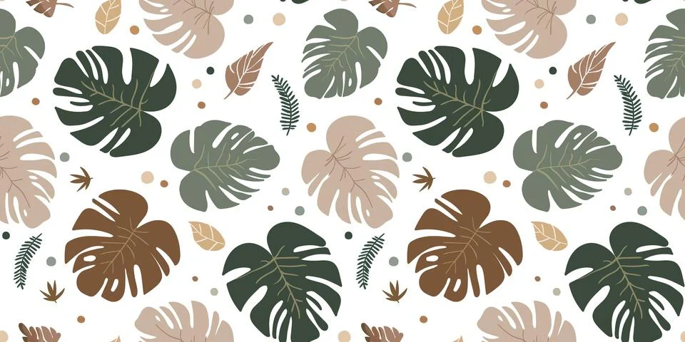 Seamless boho style monstera leaf pattern, natural pastel earthy colors on .. Illustrazione stock