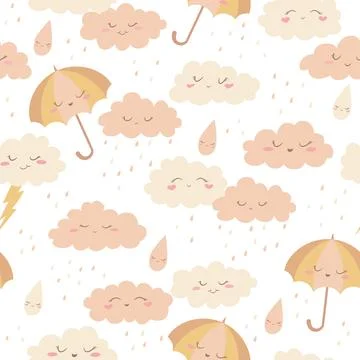 Seamless boho vector pattern with cute hand drawn cartoon clouds, umbrellas.. Stockillustratie