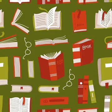 Seamless book pattern. Differernt books with glasses. Background wallpaper on Stock Illustration