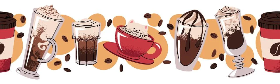 Seamless Border With Assorted Coffee Drinks In Different Mugs In Flat Style.  Stock Illustration