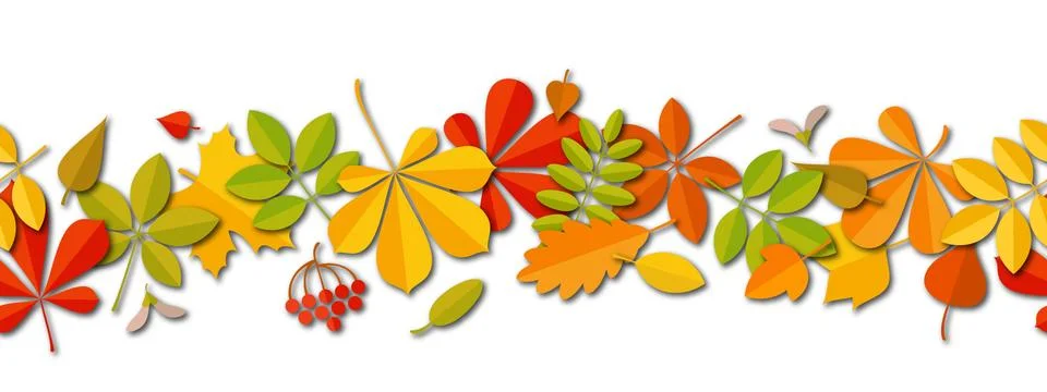 Seamless border Autumn falling leaf background isolated on white. Illustrazione stock