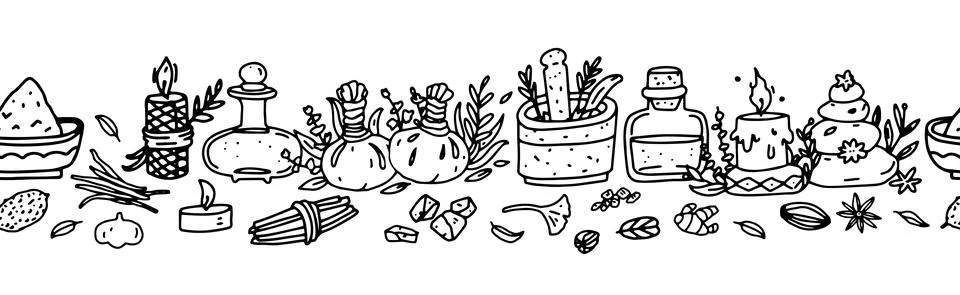 Seamless border with Ayurvedic elements. Vector illustration with ayurvedic o Stock Illustration
