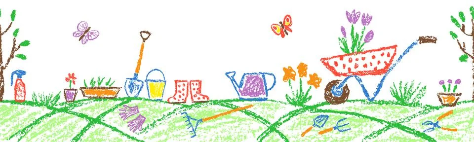 Seamless border background gardening tools in garden or farm set Stock Illustration